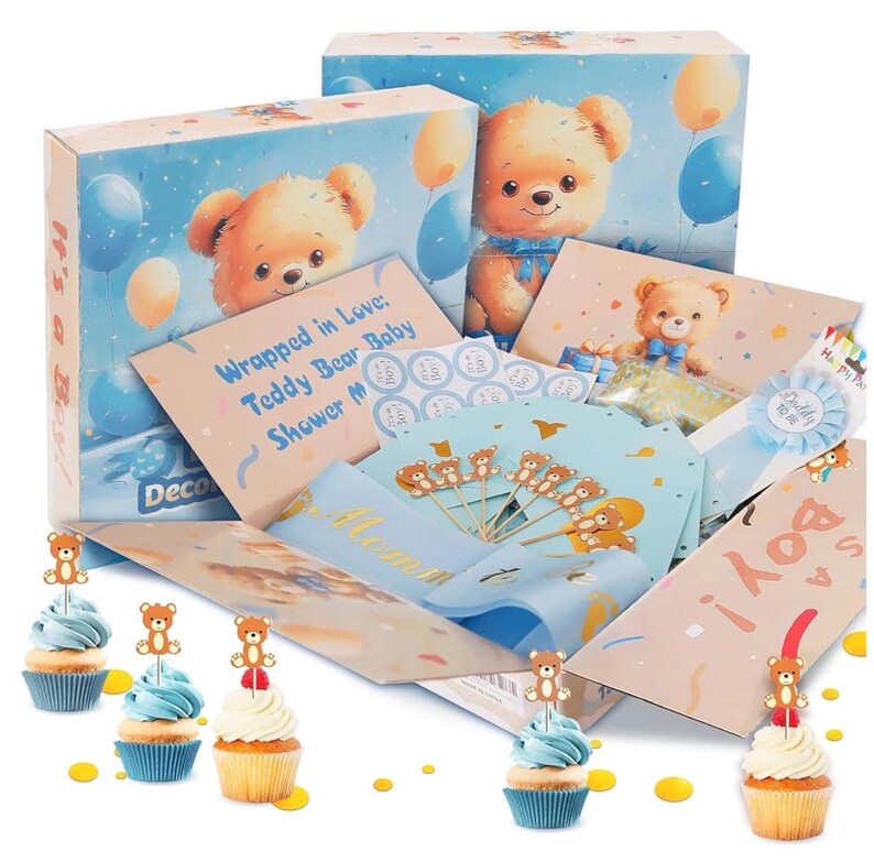 Bear Baby Shower Decorations Boy,80pcs Balloons, Wood Grain Blocks with Letter,"We can bearly wait"Backdrop,Banner,Balloon Blue Brown Bear