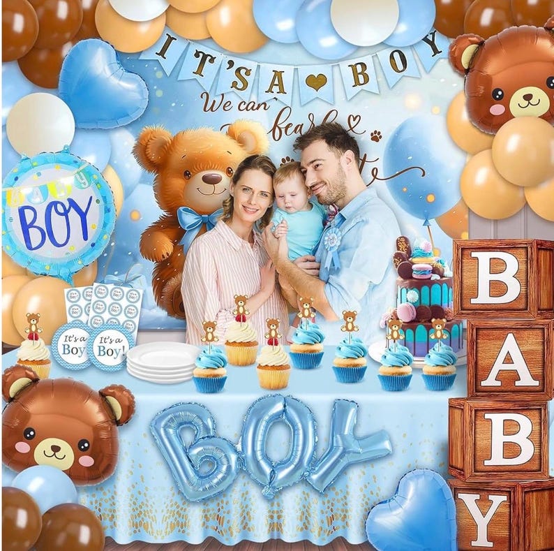 Bear Baby Shower Decorations Boy,80pcs Balloons, Wood Grain Blocks with Letter,"We can bearly wait"Backdrop,Banner,Balloon Blue Brown Bear