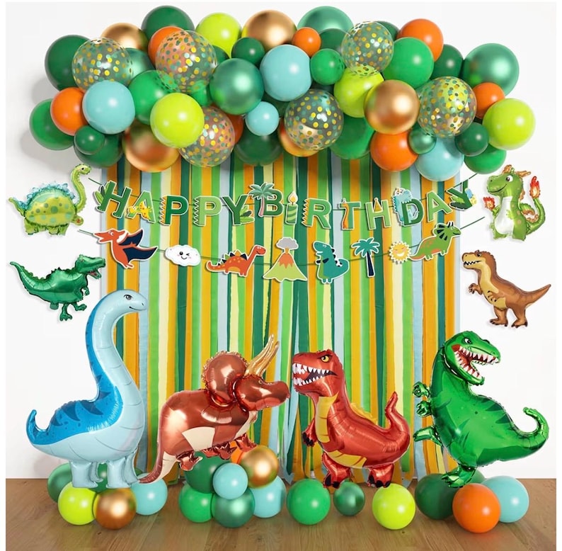 Dinosaur Birthday Party Decorations Supplies Happy Birthday Banner Crepe Paper Green Orange Blue Gold Dino Foil Balloons Garland Arch Kit