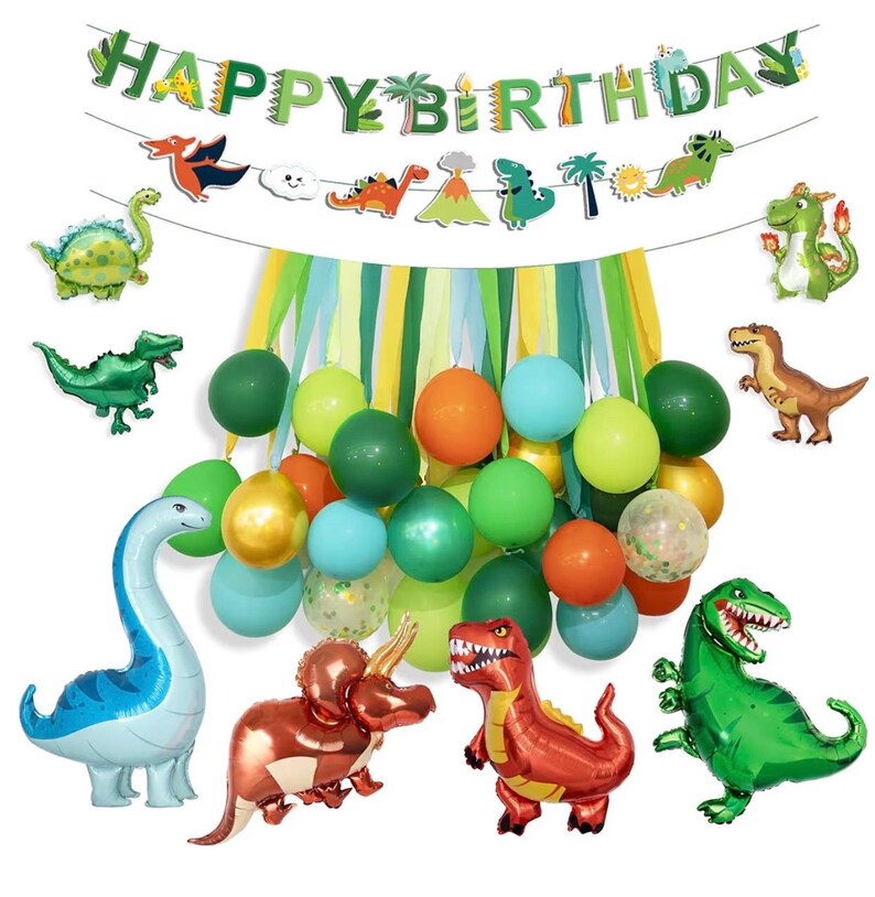 Dinosaur Birthday Party Decorations Supplies Happy Birthday Banner Crepe Paper Green Orange Blue Gold Dino Foil Balloons Garland Arch Kit