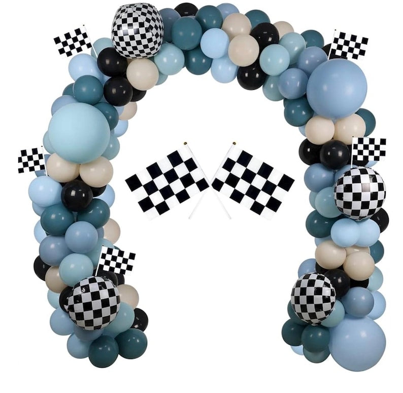 Race Balloon Garland Arch Kit, Dusty Blue Black Balloons with Checkered Balloons for Race Theme Birthday Party Decorations Baby Shower Party