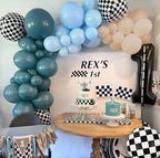 Race Balloon Garland Arch Kit, Dusty Blue Black Balloons with Checkered Balloons for Race Theme Birthday Party Decorations Baby Shower Party