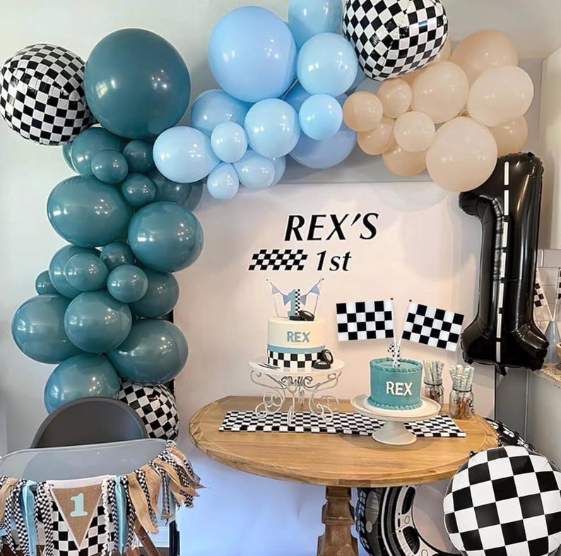 Race Balloon Garland Arch Kit, Dusty Blue Black Balloons with Checkered Balloons for Race Theme Birthday Party Decorations Baby Shower Party