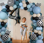 Race Balloon Garland Arch Kit, Dusty Blue Black Balloons with Checkered Balloons for Race Theme Birthday Party Decorations Baby Shower Party
