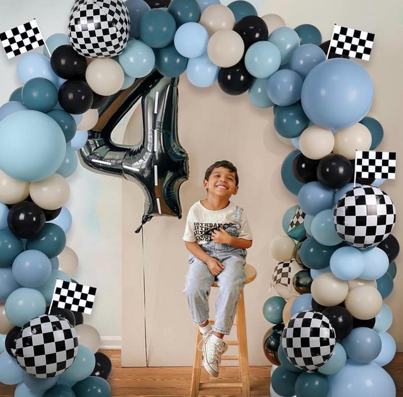 Race Balloon Garland Arch Kit, Dusty Blue Black Balloons with Checkered Balloons for Race Theme Birthday Party Decorations Baby Shower Party
