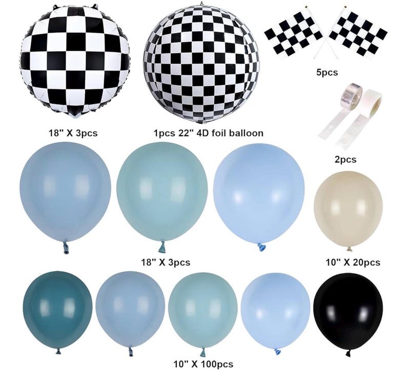 Race Balloon Garland Arch Kit, Dusty Blue Black Balloons with Checkered Balloons for Race Theme Birthday Party Decorations Baby Shower Party