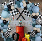 Race Balloon Garland Arch Kit, Dusty Blue Black Balloons with Checkered Balloons for Race Theme Birthday Party Decorations Baby Shower Party