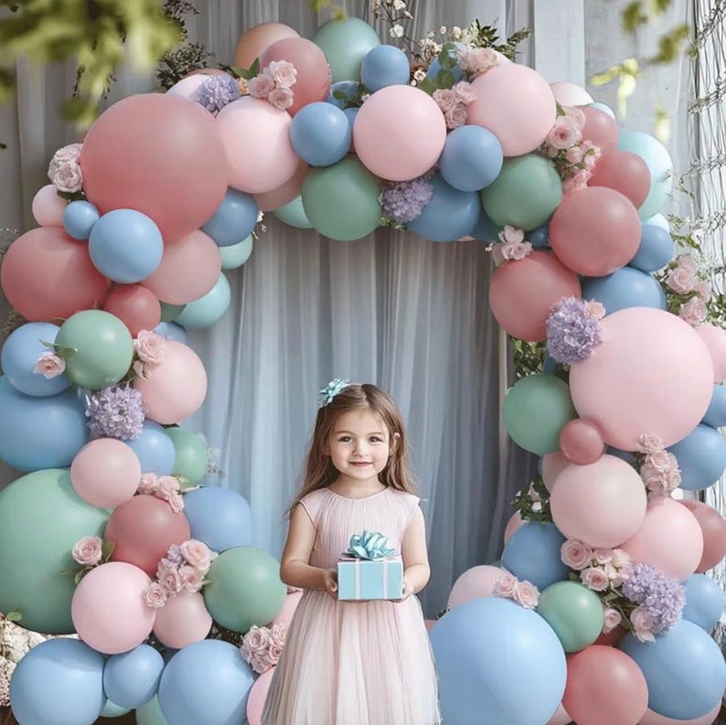 Pink Blue Green Balloons Garland Kit, Double Stuffed Dusty Green Light Blue Blush Dusty Pink Mauve Pastel Balloon Arch Kit for Birthday