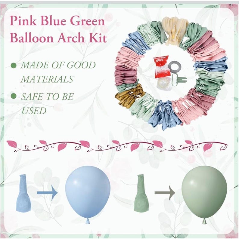 173Pcs Pink Blue Green Balloon Arch Garland Kit, Dusty Baby Pink Mauve Pastel Mist Haze Green Blue Gold Confetti Balloons for Baby Shower