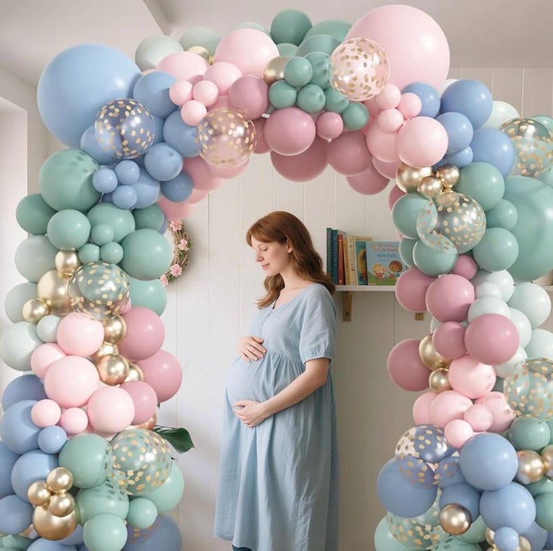 173Pcs Pink Blue Green Balloon Arch Garland Kit, Dusty Baby Pink Mauve Pastel Mist Haze Green Blue Gold Confetti Balloons for Baby Shower