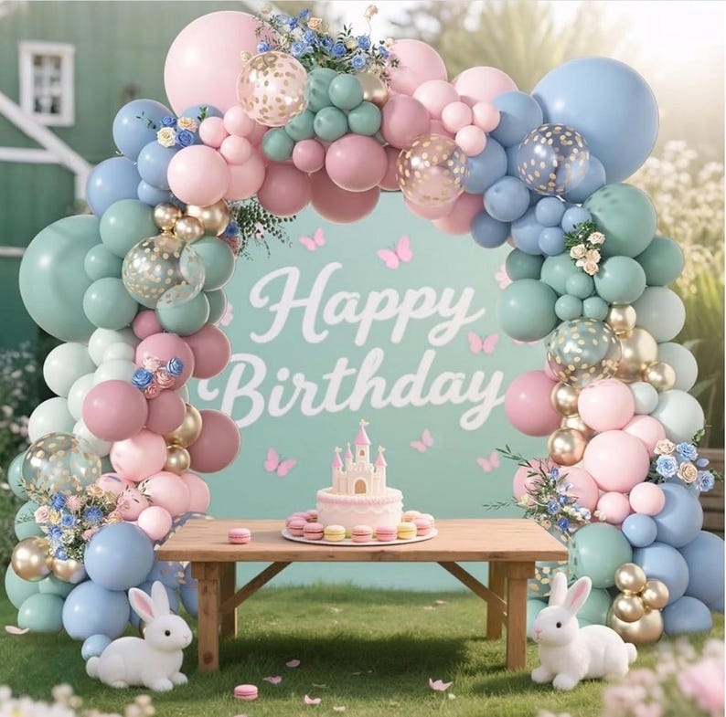 173Pcs Pink Blue Green Balloon Arch Garland Kit, Dusty Baby Pink Mauve Pastel Mist Haze Green Blue Gold Confetti Balloons for Baby Shower