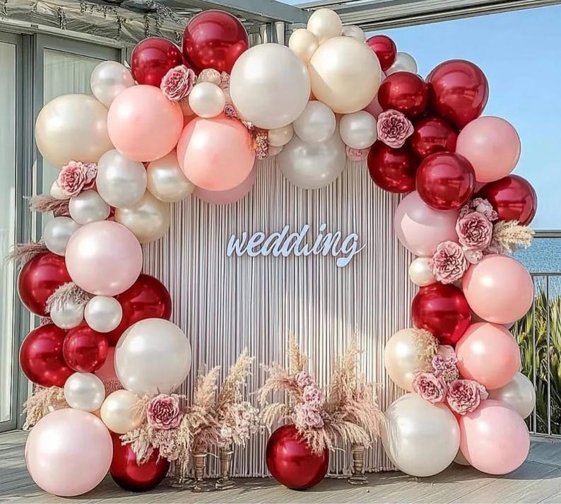 Red Pink White Balloons Double Stuffed Light Pink Balloon Garland White Burgundy Balloon Pearl Arch Kit Different Sizes For Wedding Bridal