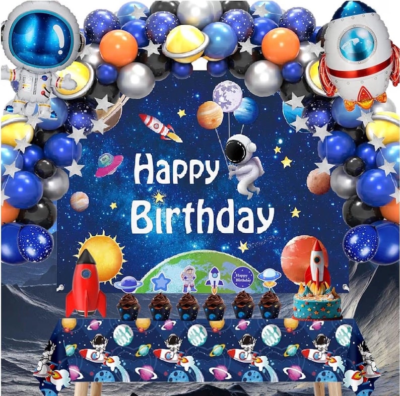 96pcs Outer Space Astronaut Party Decorations - Galaxy Themed Party Supplies Happy Birthday Backdrop,Tablecloth,Star Garland,Balloons Rocket