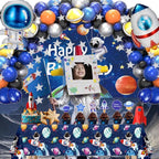 96pcs Outer Space Astronaut Party Decorations - Galaxy Themed Party Supplies Happy Birthday Backdrop,Tablecloth,Star Garland,Balloons Rocket