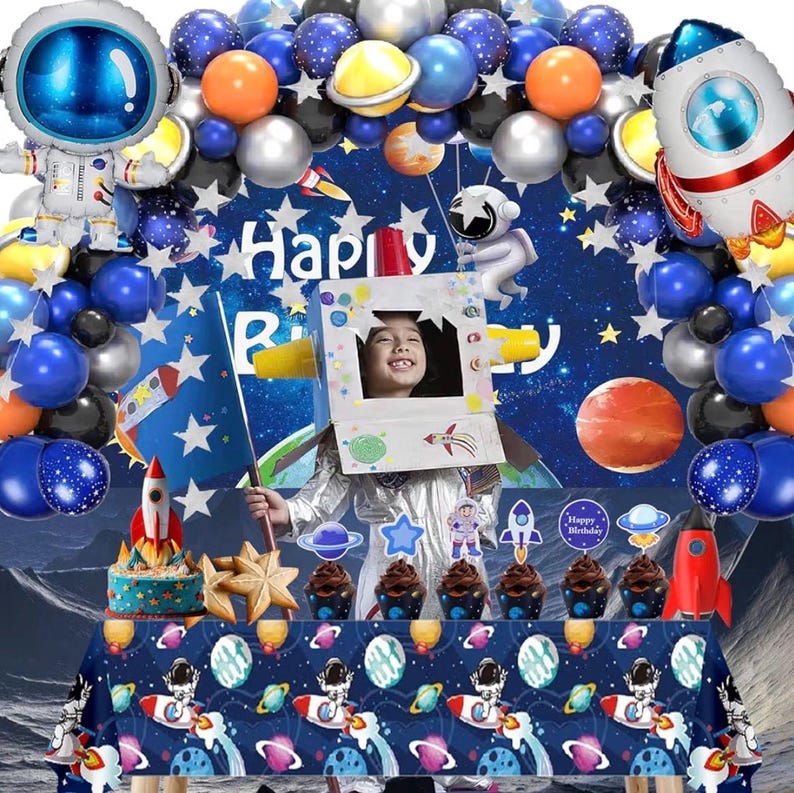 96pcs Outer Space Astronaut Party Decorations - Galaxy Themed Party Supplies Happy Birthday Backdrop,Tablecloth,Star Garland,Balloons Rocket