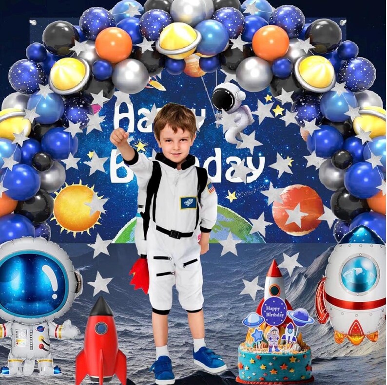 96pcs Outer Space Astronaut Party Decorations - Galaxy Themed Party Supplies Happy Birthday Backdrop,Tablecloth,Star Garland,Balloons Rocket