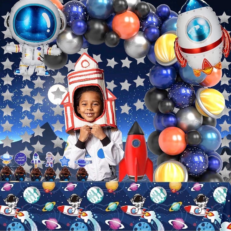 96pcs Outer Space Astronaut Party Decorations - Galaxy Themed Party Supplies Happy Birthday Backdrop,Tablecloth,Star Garland,Balloons Rocket