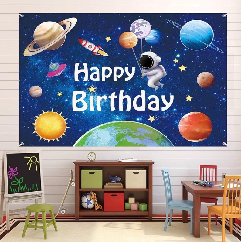 96pcs Outer Space Astronaut Party Decorations - Galaxy Themed Party Supplies Happy Birthday Backdrop,Tablecloth,Star Garland,Balloons Rocket
