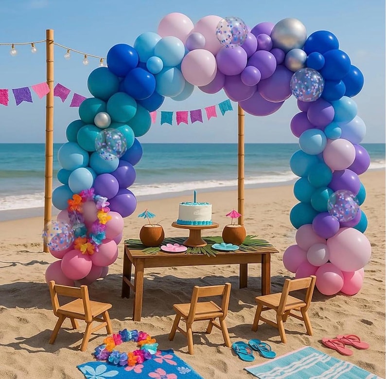148pcs Stich Blue Purple Pink Balloon Arch Garland Kit Silver with Palm Leaves Foil Star for Hawaii Tropical Cartoon Summer Pool Theme Party