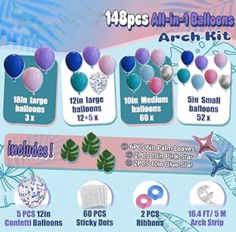 148pcs Stich Blue Purple Pink Balloon Arch Garland Kit Silver with Palm Leaves Foil Star for Hawaii Tropical Cartoon Summer Pool Theme Party