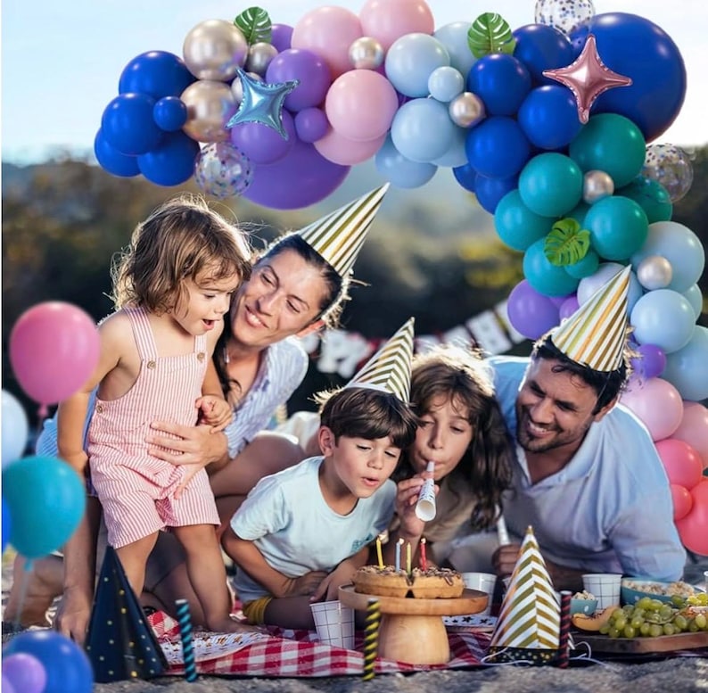 148pcs Stich Blue Purple Pink Balloon Arch Garland Kit Silver with Palm Leaves Foil Star for Hawaii Tropical Cartoon Summer Pool Theme Party
