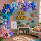 148pcs Stich Blue Purple Pink Balloon Arch Garland Kit Silver with Palm Leaves Foil Star for Hawaii Tropical Cartoon Summer Pool Theme Party