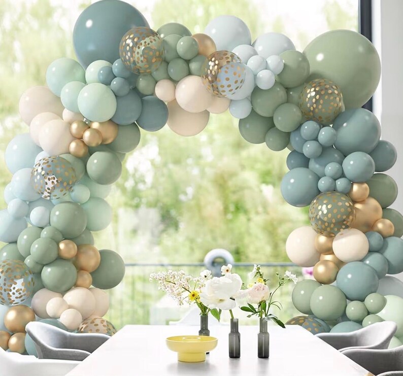 173Pcs Dusty Blue Green Balloon Garland Arch Kit, Haze Fog Blue Ash Mist Sage Green Sand White Gold Confetti Balloons for Baby Shower Weddin