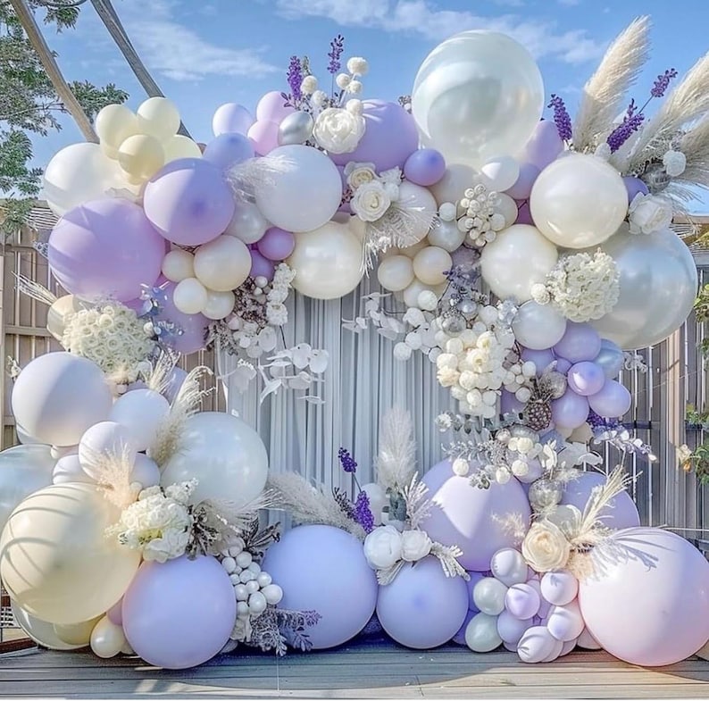 Pastel Purple White Balloon Garland - Double Stuffed Lavender Light Purple Cream Balloon Arch Kit Pearl Lilac White Ivory Color for Birthday