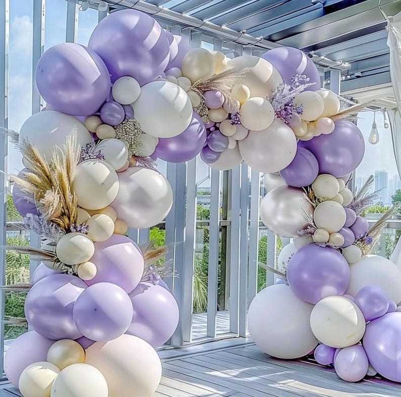 Pastel Purple White Balloon Garland - Double Stuffed Lavender Light Purple Cream Balloon Arch Kit Pearl Lilac White Ivory Color for Birthday