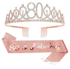 80th Birthday Crown + Sash + Pearl Pin Set, Elegant Gift for Women's 80th Birthday Party Decorations