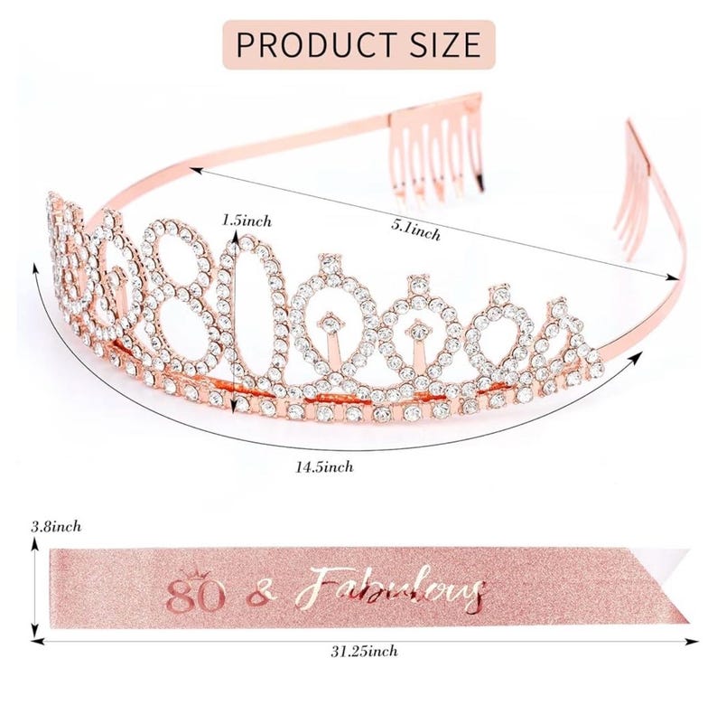 80th Birthday Crown + Sash + Pearl Pin Set, Elegant Gift for Women's 80th Birthday Party Decorations