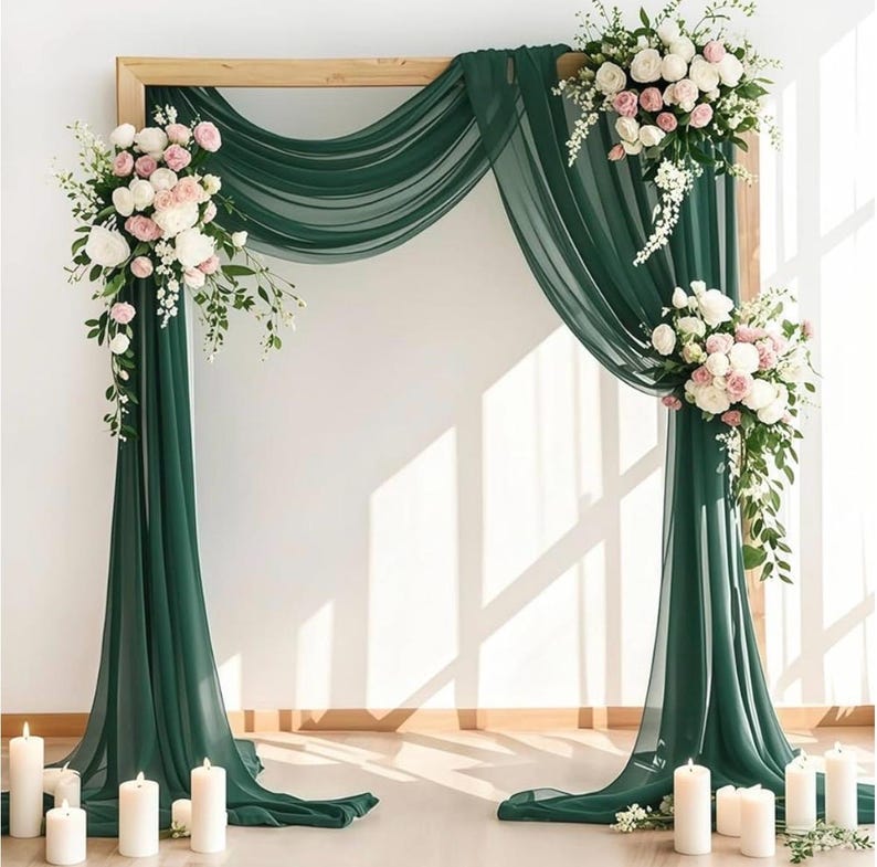 Wedding Arch Draping Fabric 1 Panel 30'' x 18FT Emerald Green Sheer Chiffon Arch Drapery for Bridal Shower Backdrop Outdoor ,Church Ceremony