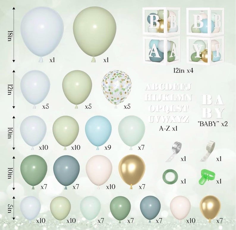 153Pcs Dusty Blue Green Balloons Baby Shower Decorations, Haze Fog Blue Mist Sage Green Balloon Arch Kit Baby Boxes for Boho  Baby Shower