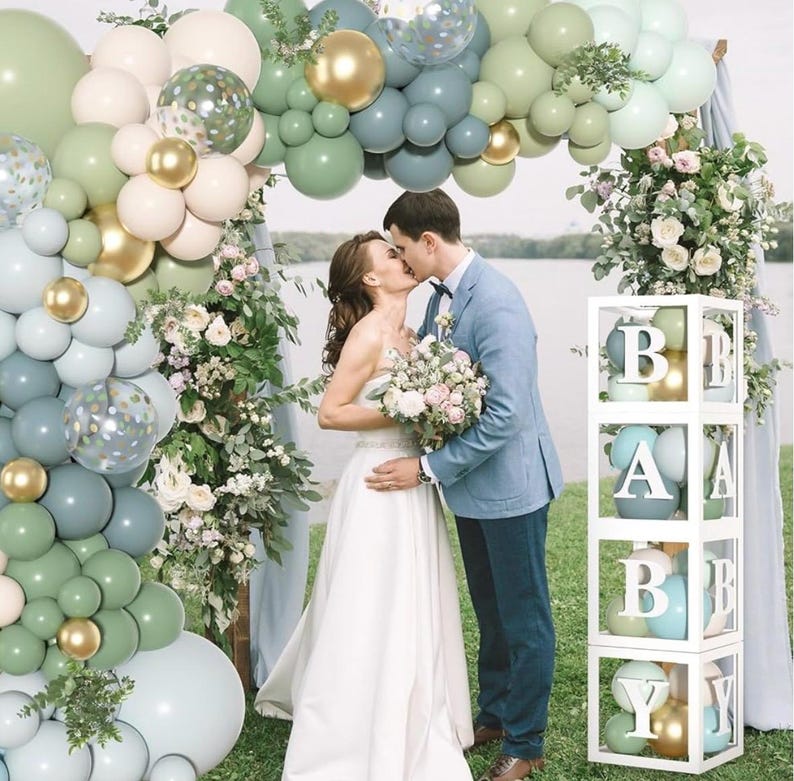 153Pcs Dusty Blue Green Balloons Baby Shower Decorations, Haze Fog Blue Mist Sage Green Balloon Arch Kit Baby Boxes for Boho  Baby Shower