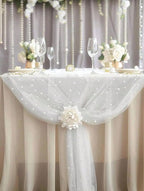 White Pearl Spring Summer Table Runner Boho Rustic Tulle Lace Mothers Day Table Runner for Baby Shower Wedding Arch Decor Veil Dessert Table