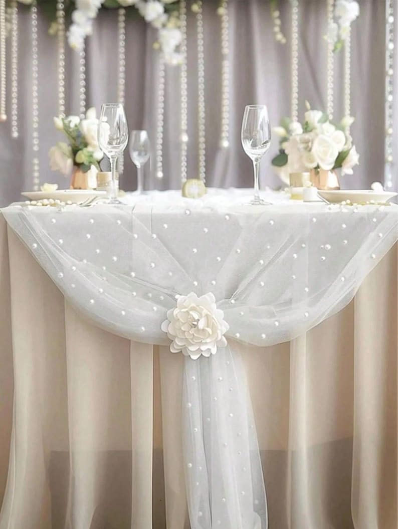 White Pearl Spring Summer Table Runner Boho Rustic Tulle Lace Mothers Day Table Runner for Baby Shower Wedding Arch Decor Veil Dessert Table