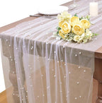 White Pearl Spring Summer Table Runner Boho Rustic Tulle Lace Mothers Day Table Runner for Baby Shower Wedding Arch Decor Veil Dessert Table
