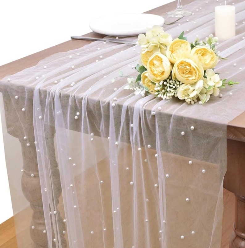 White Pearl Spring Summer Table Runner Boho Rustic Tulle Lace Mothers Day Table Runner for Baby Shower Wedding Arch Decor Veil Dessert Table