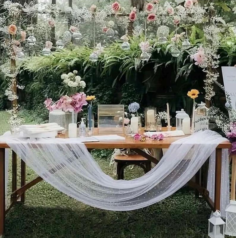 White Pearl Spring Summer Table Runner Boho Rustic Tulle Lace Mothers Day Table Runner for Baby Shower Wedding Arch Decor Veil Dessert Table