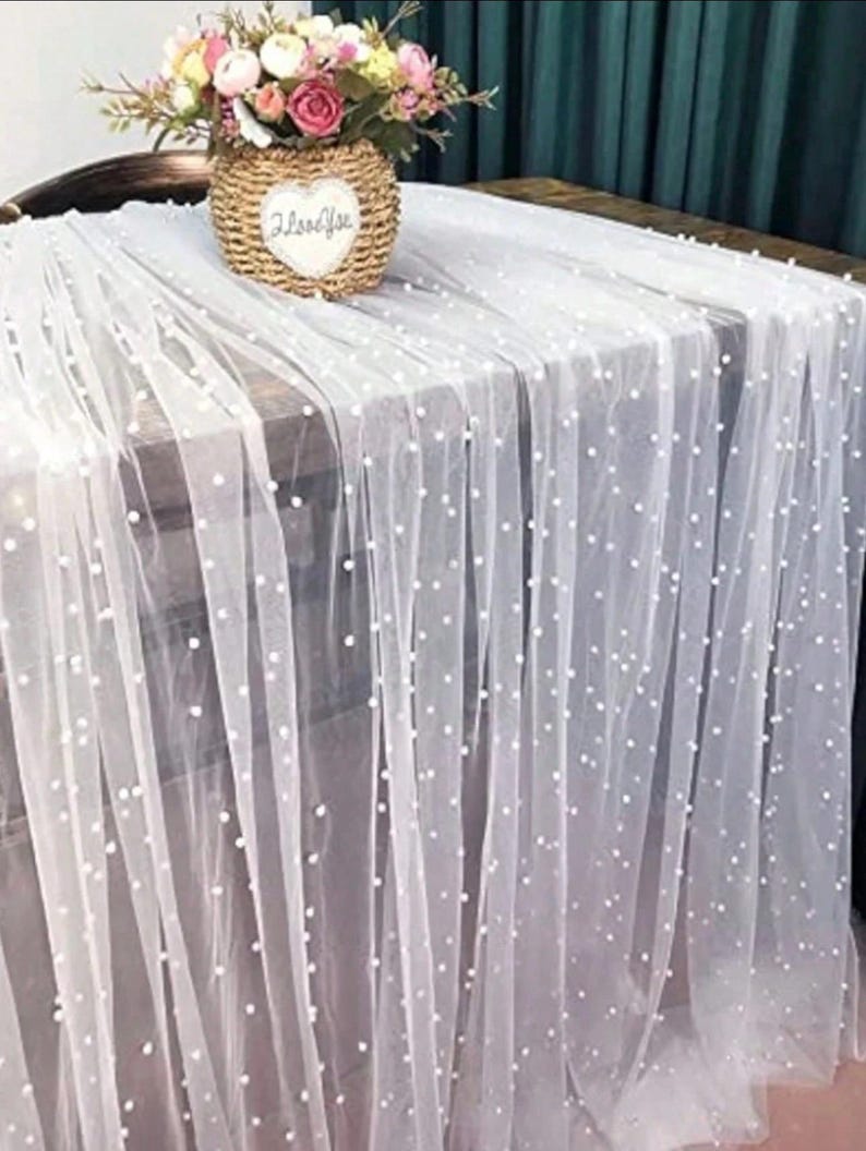 White Pearl Spring Summer Table Runner Boho Rustic Tulle Lace Mothers Day Table Runner for Baby Shower Wedding Arch Decor Veil Dessert Table