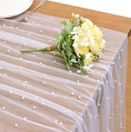 White Pearl Spring Summer Table Runner Boho Rustic Tulle Lace Mothers Day Table Runner for Baby Shower Wedding Arch Decor Veil Dessert Table