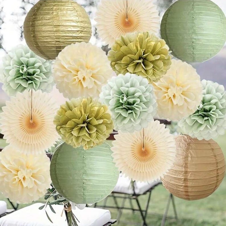 Sage Green Party Decorations Sage Gold Cream Tissue Paper Pom Poms Paper Lanterns Sage Green for Wedding Birthday Bridal Baby Shower Baptism