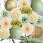 Sage Green Party Decorations Sage Gold Cream Tissue Paper Pom Poms Paper Lanterns Sage Green for Wedding Birthday Bridal Baby Shower Baptism