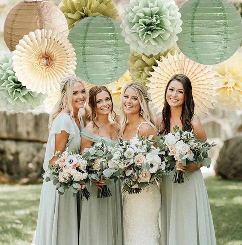 Sage Green Party Decorations Sage Gold Cream Tissue Paper Pom Poms Paper Lanterns Sage Green for Wedding Birthday Bridal Baby Shower Baptism