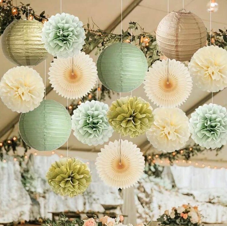Sage Green Party Decorations Sage Gold Cream Tissue Paper Pom Poms Paper Lanterns Sage Green for Wedding Birthday Bridal Baby Shower Baptism