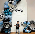 Race Balloon Garland Arch Kit, Dusty Blue Black Balloons with Checkered Balloons for Race Theme Birthday Party Decorations Baby Shower Party