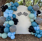 Race Balloon Garland Arch Kit, Dusty Blue Black Balloons with Checkered Balloons for Race Theme Birthday Party Decorations Baby Shower Party