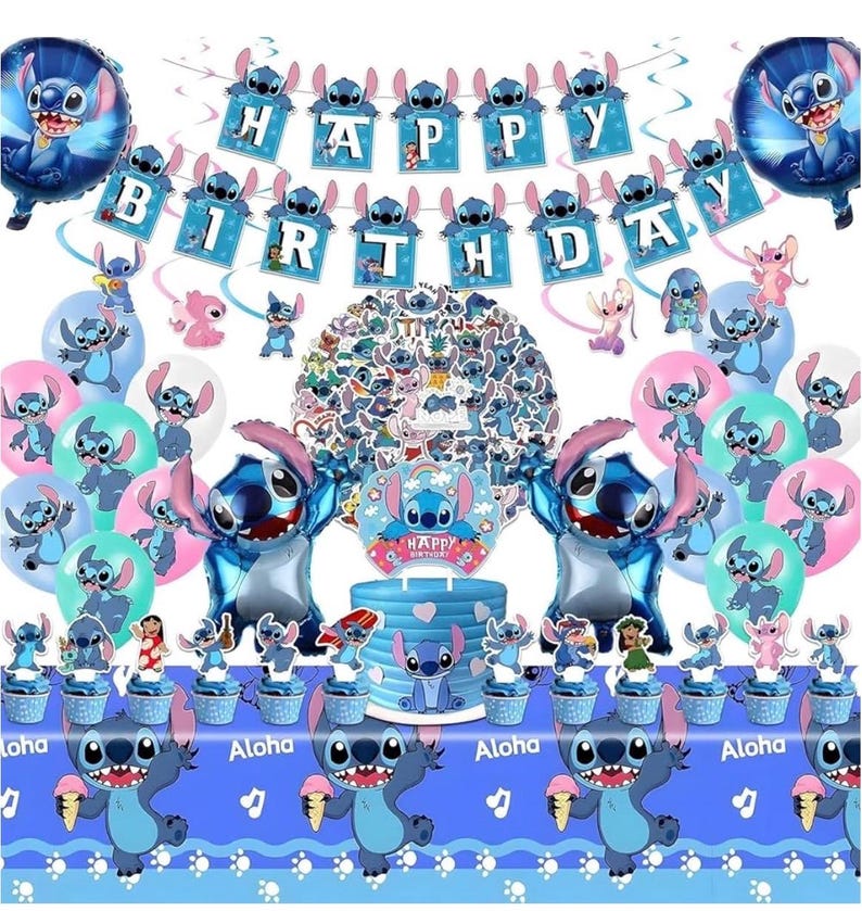 Stitch Party Supplies, 103pieces Birthday Decorations Set Include Banner, Balloons, Stickers, Hanging Swirls, Cake Cupcake Toppers, Tableclo