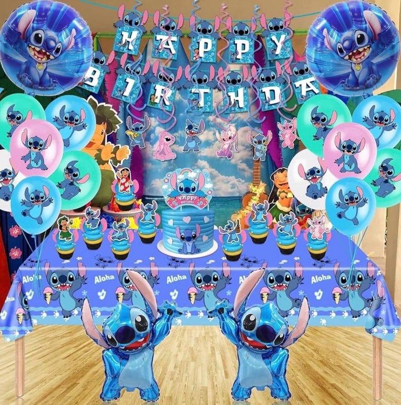 Stitch Party Supplies, 103pieces Birthday Decorations Set Include Banner, Balloons, Stickers, Hanging Swirls, Cake Cupcake Toppers, Tableclo