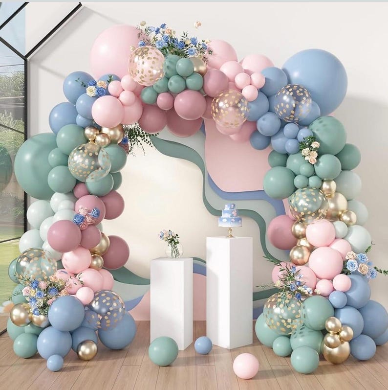 173Pcs Pink Blue Green Balloon Arch Garland Kit, Dusty Baby Pink Mauve Pastel Mist Haze Green Blue Gold Confetti Balloons for Baby Shower